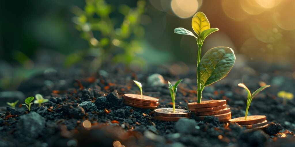 ustainability, and financial investment. The warm sunlight and bokeh effect in the background evoke an environment-focused theme.